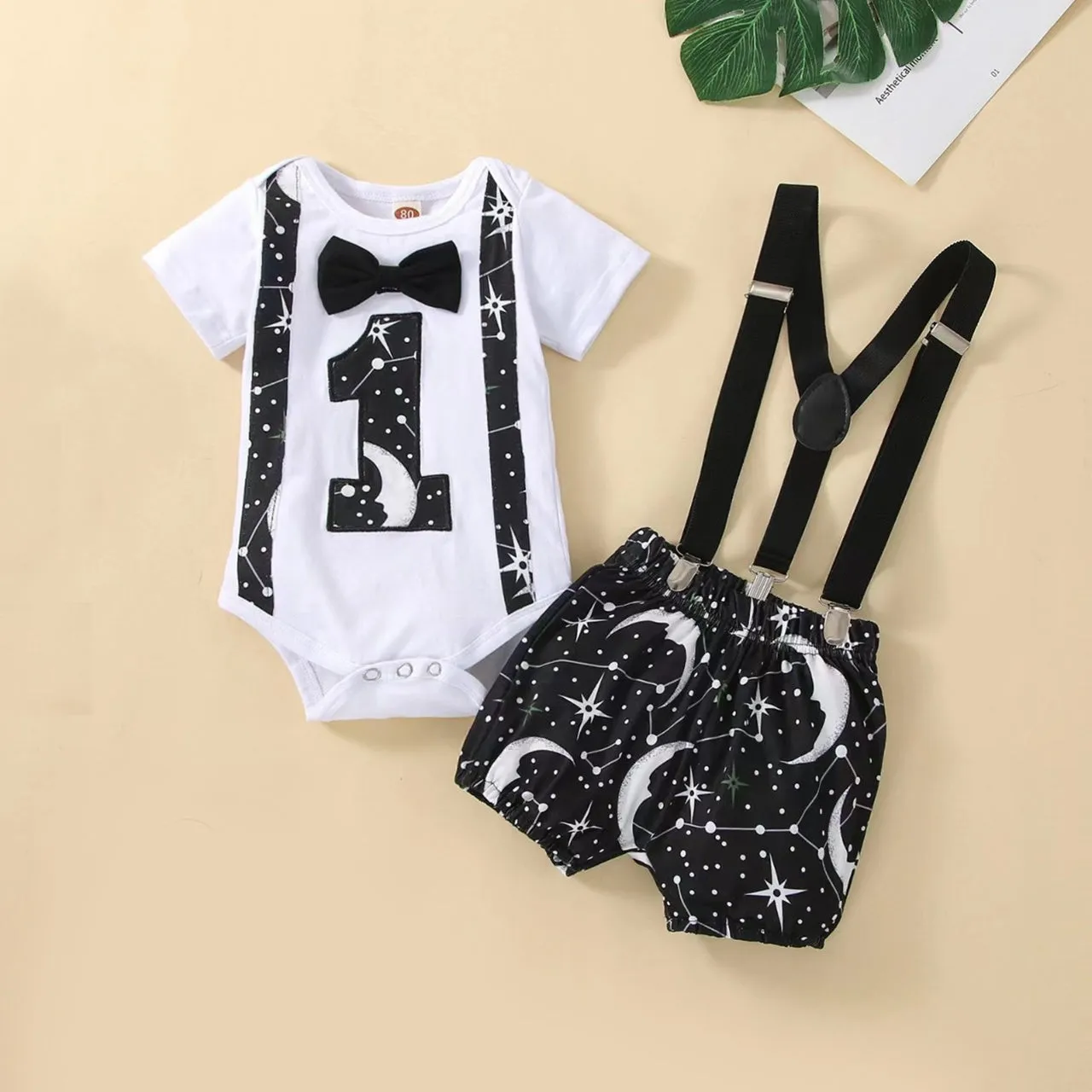 Babymoon 1st Birthday Cake Smash Outfit |Romper & Suspender Costume | 1 Yr - Black
