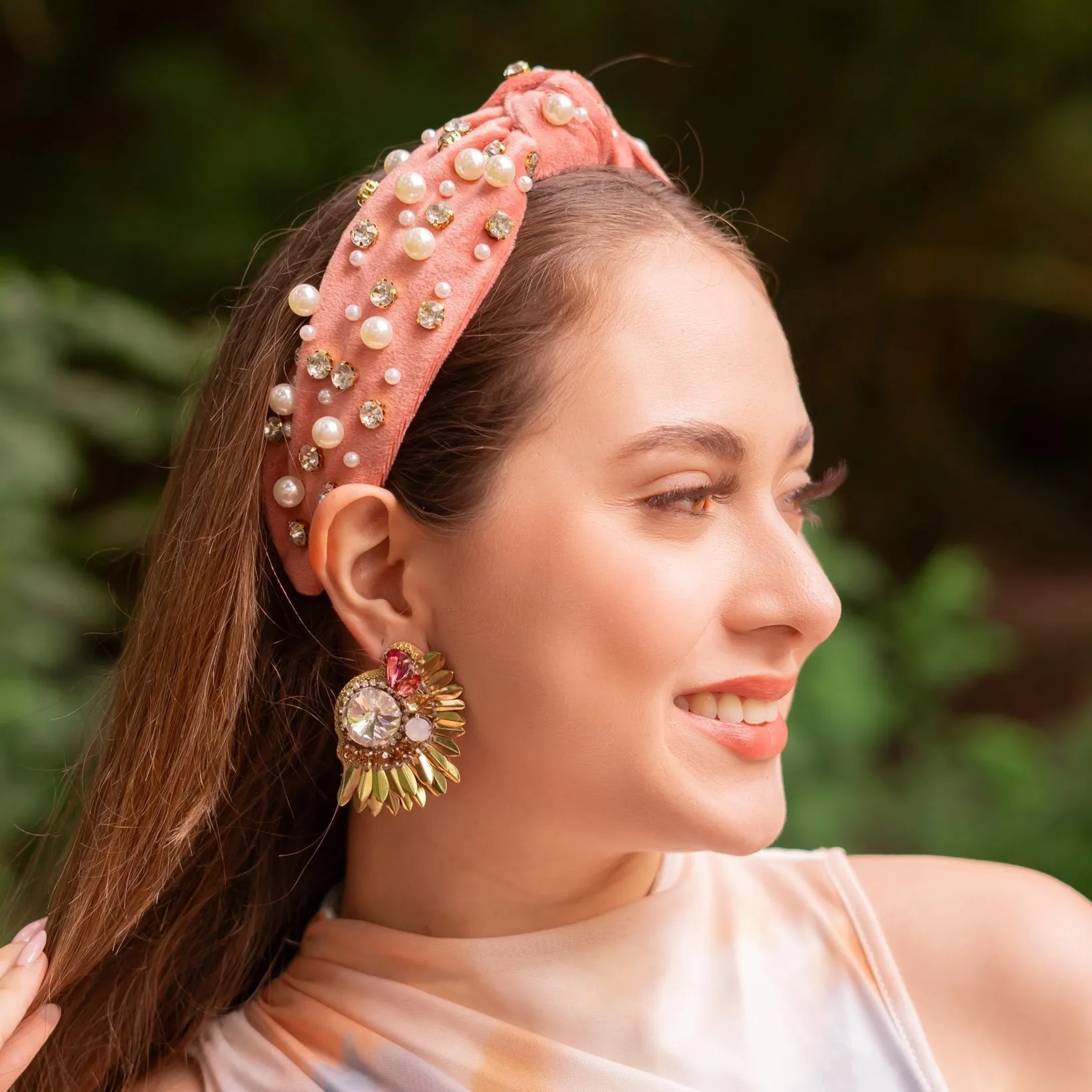 Blush Velour Pearl Jeweled Knot Headband