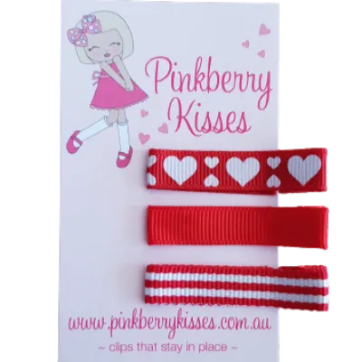 Everyday Non Slip Hair Clips - Hearts on Red