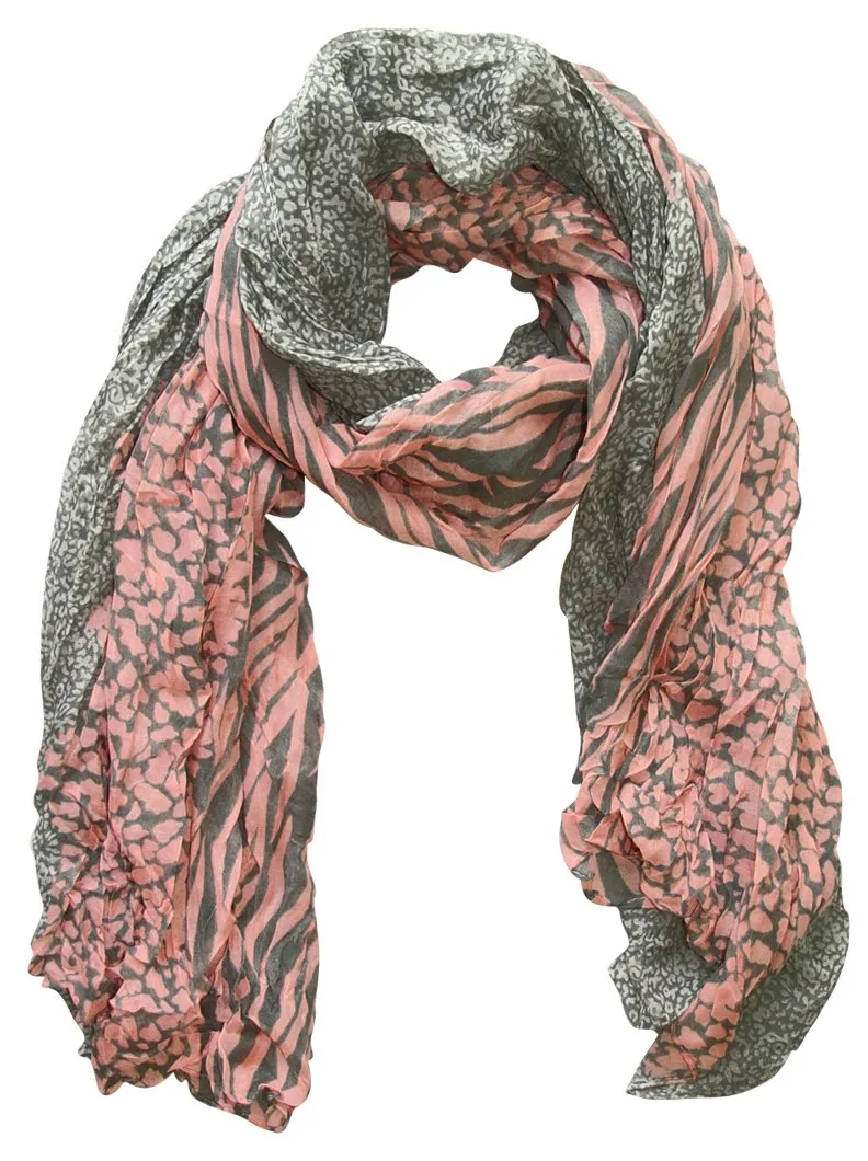 Peach Couture All Seasons Retro Zebra and Leopard Print Crinkle Scarf